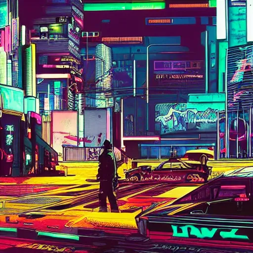 Prompt: cyberpunk 2 0 7 7 night city, drawn i'm the style of ghost in the shell,