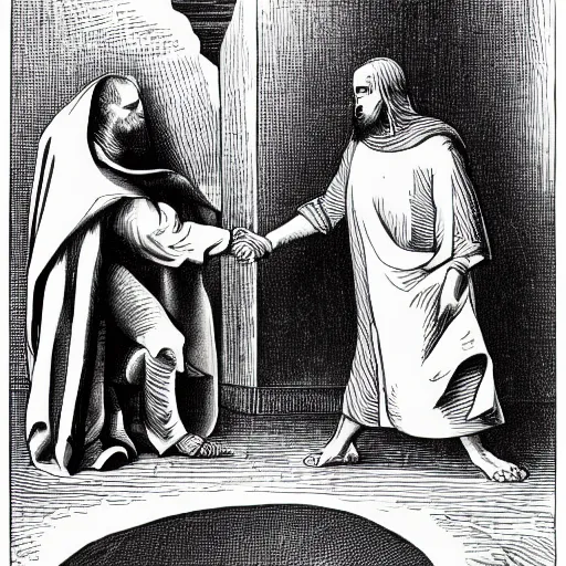 Prompt: god and the devil shaking hands