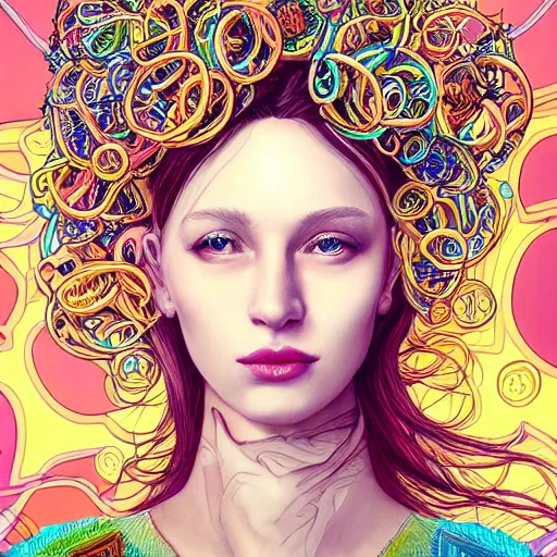 Image similar to the portrait of a ridiculously beautiful and elegant russian woman partially made of onion rings of all colors, an ultrafine detailed illustration by james jean, final fantasy, intricate linework, bright colors, behance contest winner, vanitas, angular, altermodern, unreal engine 5 highly rendered, global illumination, radiant light, detailed and intricate environment