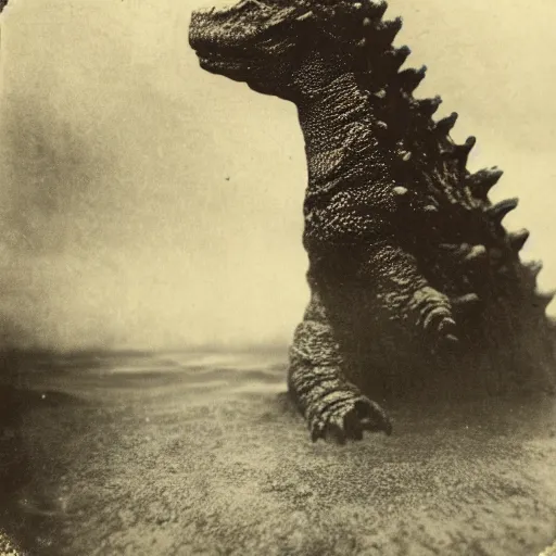 Image similar to tintype photo, underwater, Godzilla