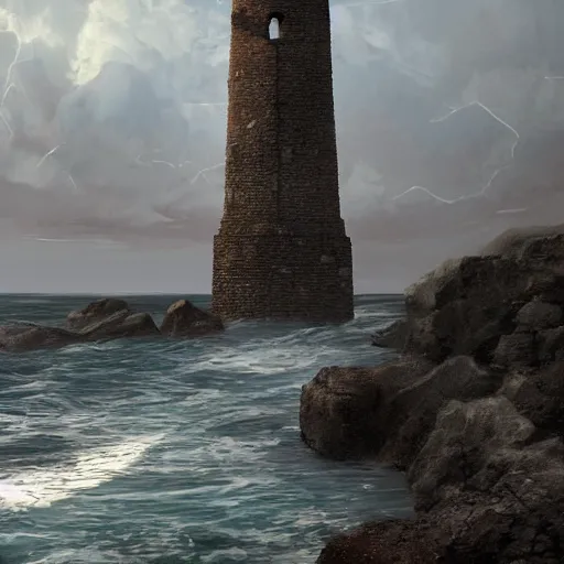 Image similar to ancient stone tower rising from the waves, artstation