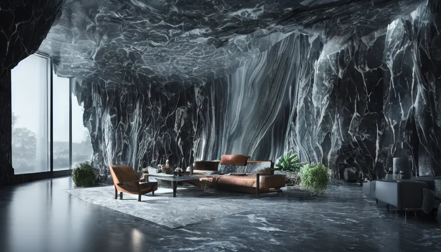 Prompt: a futuristic apartment interior in the style of a waterfall cave, plants, tiger skin carpet, greek marble statue, high ceiling, dark moody lighting, foggy atmosphere, 16mm lens, by frank lloyd wright, octane rendering