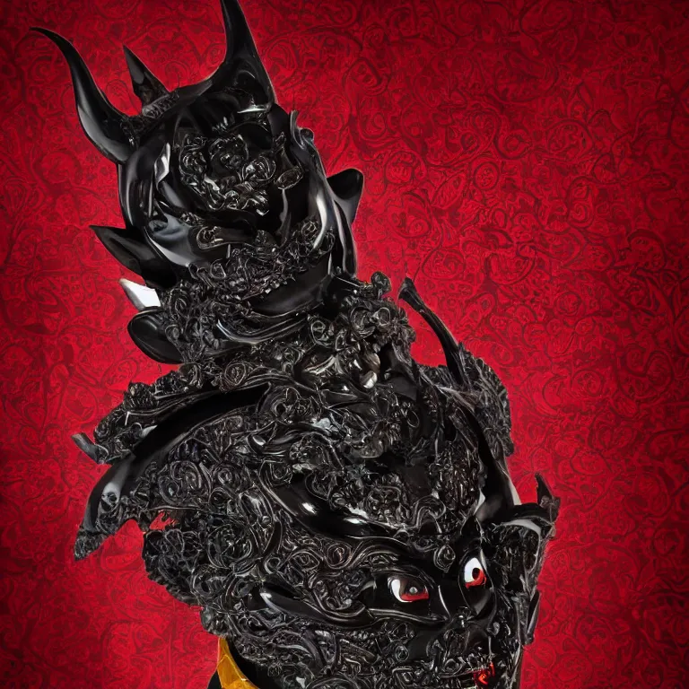 Prompt: a black hannya (般若) mask, kintsugi, symmetrical, centered, ornate, details, smooth, sharp focus, illustration, realistic, cinematic, artstation, award winning, rgb , unreal engine, octane render, cinematic light, macro, depth of field, blur, red light and clouds from the back, 8K,