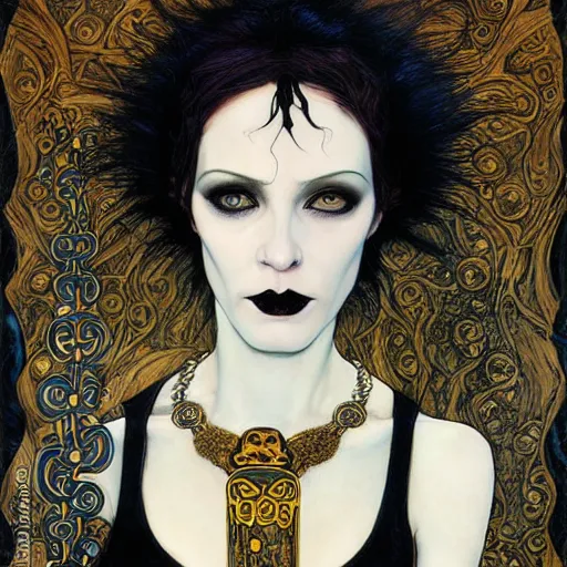 Image similar to death, a beautiful pale goth girl wearing a black vest and black punk hair, an ankh medallion hangs around her neck. portrait by joshua middleton and gustav klimt, vertigo comic