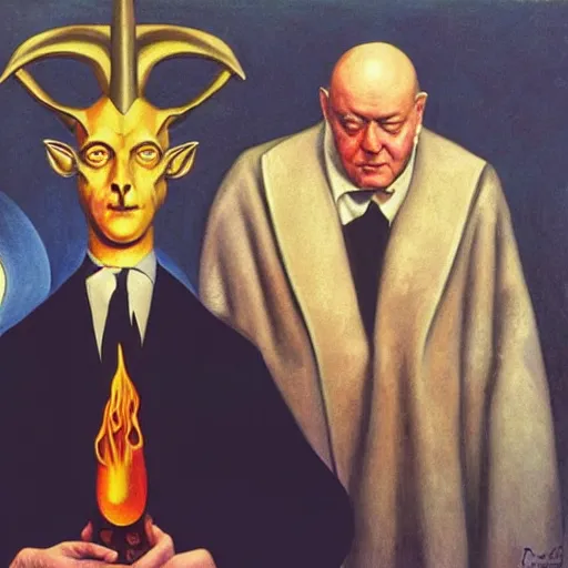 Image similar to Aleister Crowley with baphomet, by Raphael Hopper, and Rene Magritte. Highly detailed, Occult funny, humorous, funny, enchanting, magical, trending on artstationHQ