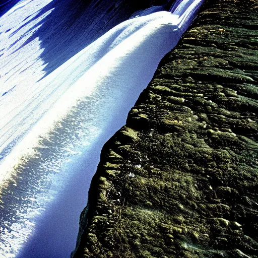 Image similar to the edge of the flat earth, national geographic photograph, water falling into nothing, mountains