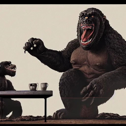 Prompt: a portrait of godzilla and king kong sitting down 1 8 a cup of tea digital concept art