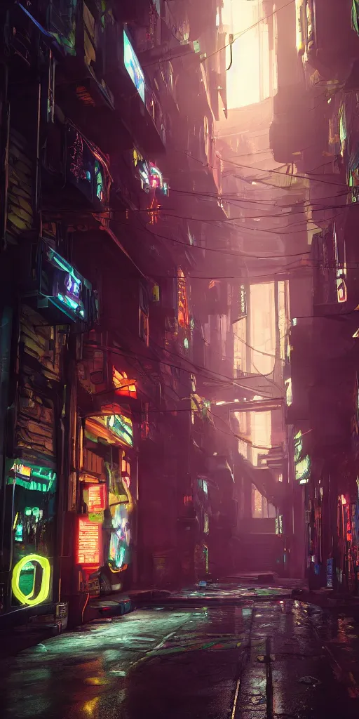Prompt: cyberpunk alley by brian despain, 8 k, raytracing, unreal engine 5,