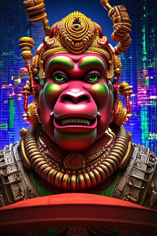 Image similar to high quality 3 d render post - rococo cyberpunk hanuman! head shri ram centre, neon madhubani, open mouth, highly detailed, in sci - fi new delhi, cinematic smooth unreal engine, lee madgwick & liam wong, dramatic light, long shot, low angle, uhd 8 k, sharp focus