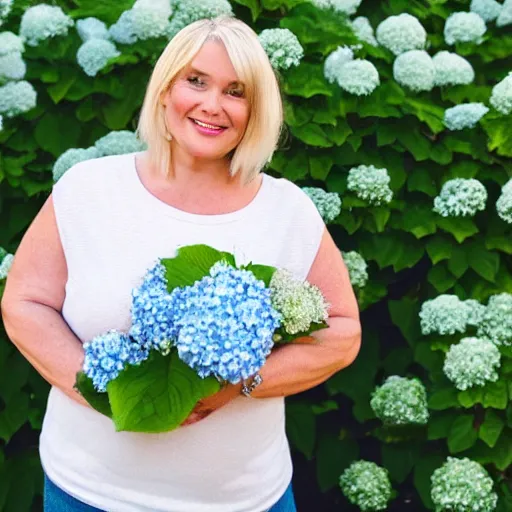 Image similar to 6 0 year old curvy blonde woman, welcoming grin, surrounded by hydrangeas, with a small white happy dog at her side, portrait, headshot, detailed, high quality