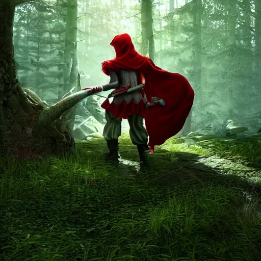 Prompt: smirking heavily armed little red riding hood getting attacked by a werewolf from behind in a lush green forest, sharp focus, unreal engine 5, digital illustration, volumetric light, highly detailed, intricate, by michael whelan, james gurney, 8 k