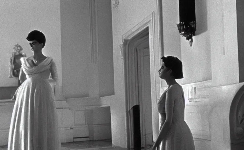 Image similar to a still from last year in marienbad ( 1 9 6 1 ), sharp, very detailed, great quality, french new wave cinema,