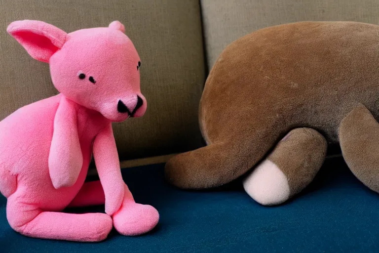 Image similar to a high quality 3 5 mm photo of a pink chubby stuffed animal kangaroo wearing a dark blue shirt, sitting on a couch, an ultrafine detailed photo, trending on artstation, sharp focus, baby toy