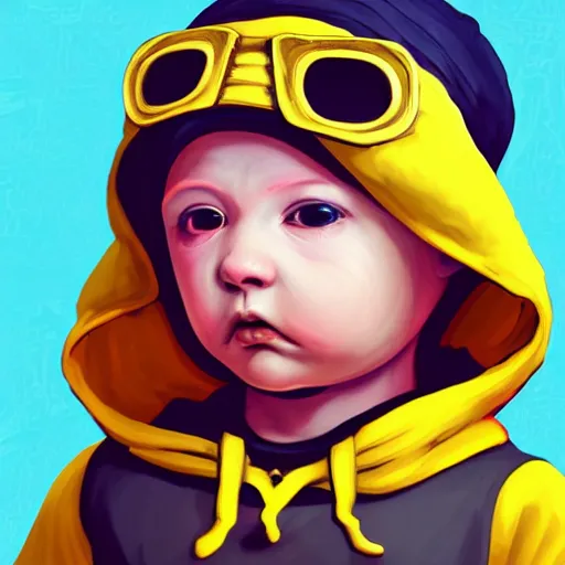 Image similar to baby Angel, baby cherub,wearing angel, face covered, Gucci, halo, ski mask, balaclava, face covered, wearing angel halo covered face, orange hoodie, hip hop, multiple golden necklaces, fantasy art apex fortnite Video game icon, 2d game art gta5 cover , official fanart behance hd artstation by Jesper Ejsing, by RHADS, Makoto Shinkai and Lois van baarle, ilya kuvshinov, rossdraws