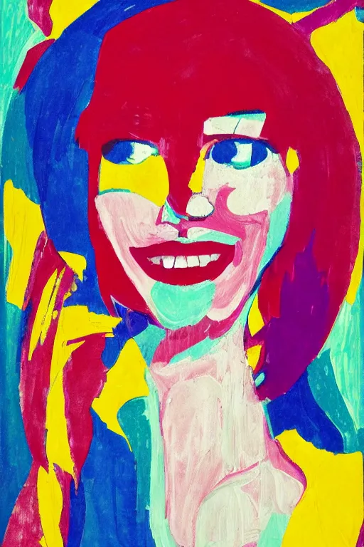 Prompt: smiley girl portrait, abstract, rich details, modernist composition, coarse texture, concept art, visible strokes, colorful, Kirchner, Gaughan, Caulfield, Aoshima, Earle