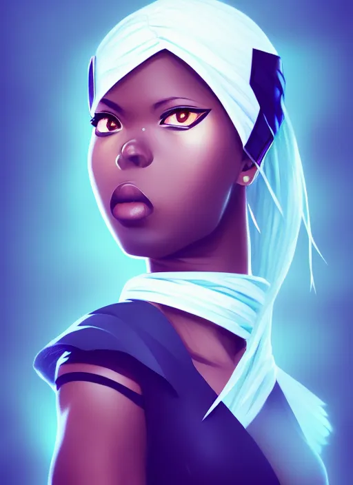 Prompt: attractive female portrait of african ninja, realisitic, cloud background, full - frame, rule of thirds, uplight, intricate, symmetrical!!, anime, prism highlights, depth of field, cinematic, filmic, vsco, concept art, artstation, digital painting, elegant, epic, focus