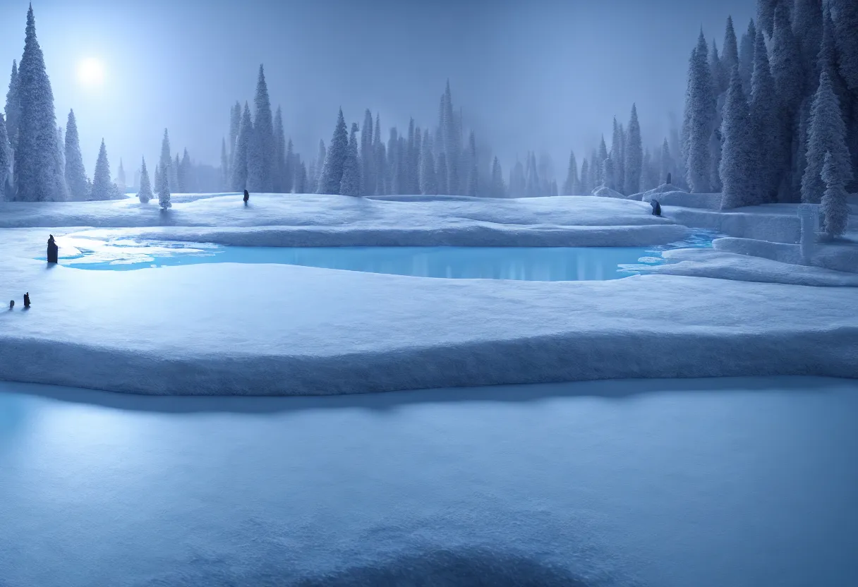 Image similar to inside of flowing frozen lake winter landscape of imagination, matte painting, beautiful render, octane render, concept art