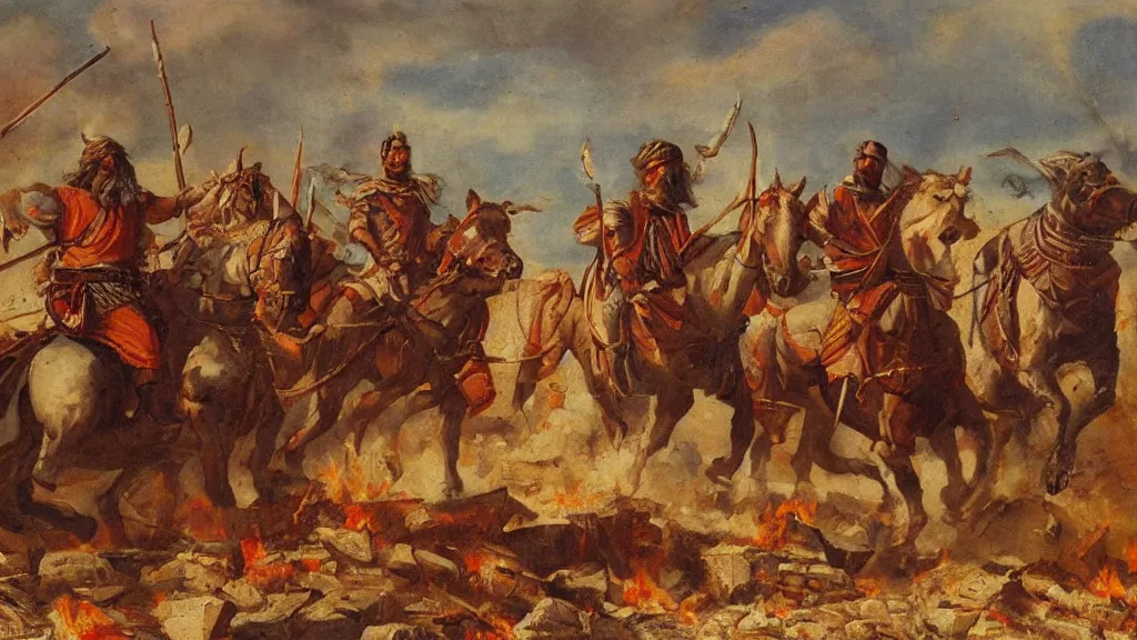 Image similar to nomadic early medieval hunnic khan on horseback surrounded by fires and rubble of roman buildings and mostly destroyed roman buildings, oil painting, cinematic, late antiquity, roman