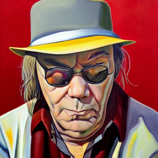 Prompt: a portrait of neil young painted by jeffrey smart