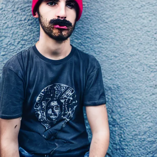 Image similar to a portrait of a 19 year old italian man. he has a mustache, and a beanie on.