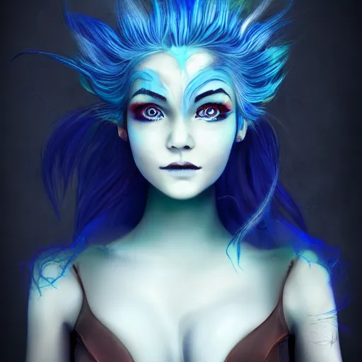 Prompt: The dragon girl portrait, portrait of young girl half dragon half human, dragon girl, dragon skin, dragon eyes, dragon crown, blue hair, long hair, highly detailed, cinematic lighting, by Tim Burton