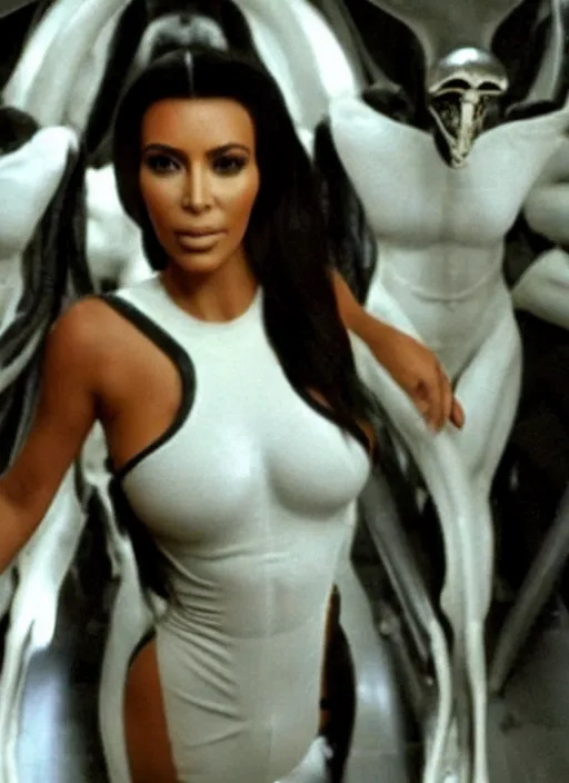 Prompt: film still of kim kardashian being held up by an xenomorph in Alien.