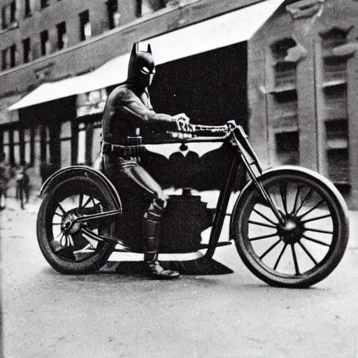 Image similar to old black and white photo, 1 9 1 3, depicting batman on a motorcycle from dark knight racing through the bustling streets of new york city, rule of thirds, three - point perspective, historical record