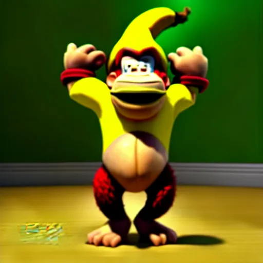 Image similar to Donkey Kong stepping on a banana, 3D render