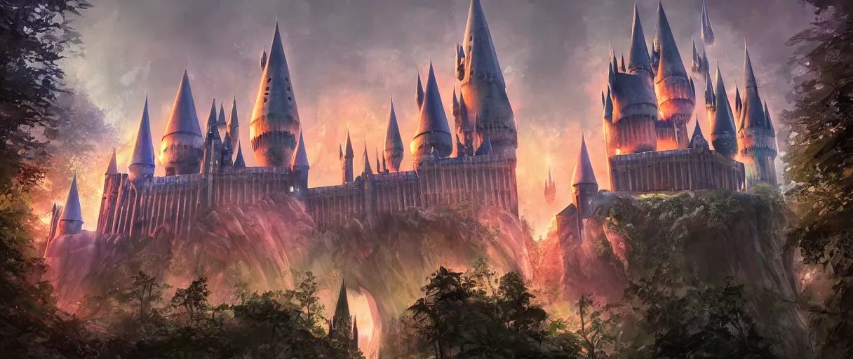 Image similar to huge hogwarts type castle city in the forest behind a garden, concept art, digital painting, style of jordan grimmer, warm lighting, futuristic, volumetric lighting, view from below, vivid colours, bright, daytime, godrays, high detail