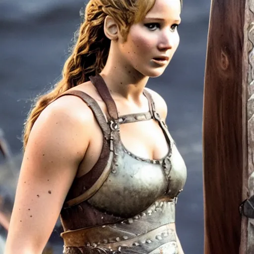 Prompt: first photos of 2 0 2 4 female 3 0 0 remake - jennifer lawrence as leonidas, put on 5 0 pounds of muscle, ripped, ( eos 5 ds r, iso 1 0 0, f / 8, 1 / 1 2 5, 8 4 mm, postprocessed, crisp face, facial features )