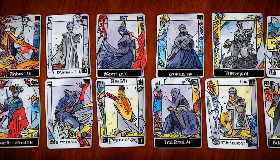 Prompt: a set of Counter Strike tarot cards laid out on a table