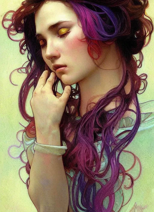 Prompt: a young woman with beautiful rainbow hair. she looks very sad, crying. beautiful painting by artgerm and greg rutkowski and alphonse mucha