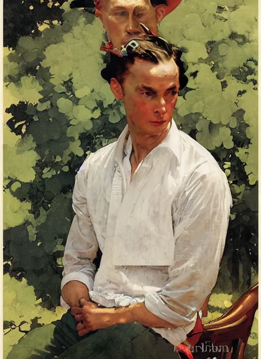 Image similar to illustration upper body and head portrait of elegant man in summer dress, by norman rockwell, roberto ferri, daniel gerhartz, edd cartier, jack kirby, howard v brown, ruan jia, tom lovell, frank r paul, jacob collins, dean cornwell, pulp 5 0 s scifi