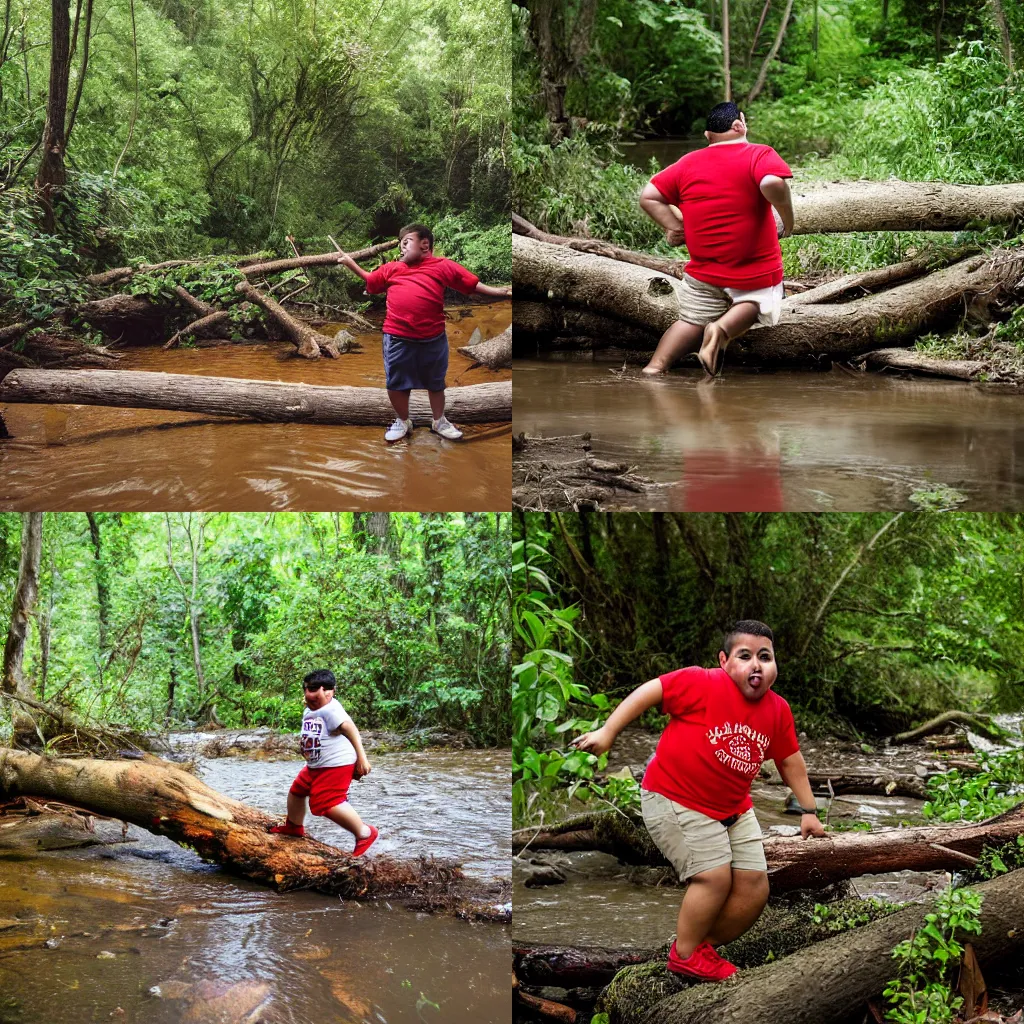 Prompt: Award-winning Photography of a fat scared latino boy with red t-shirt and khaki shorts trying to cross a small river using a fallen tree as a bridge in the woods