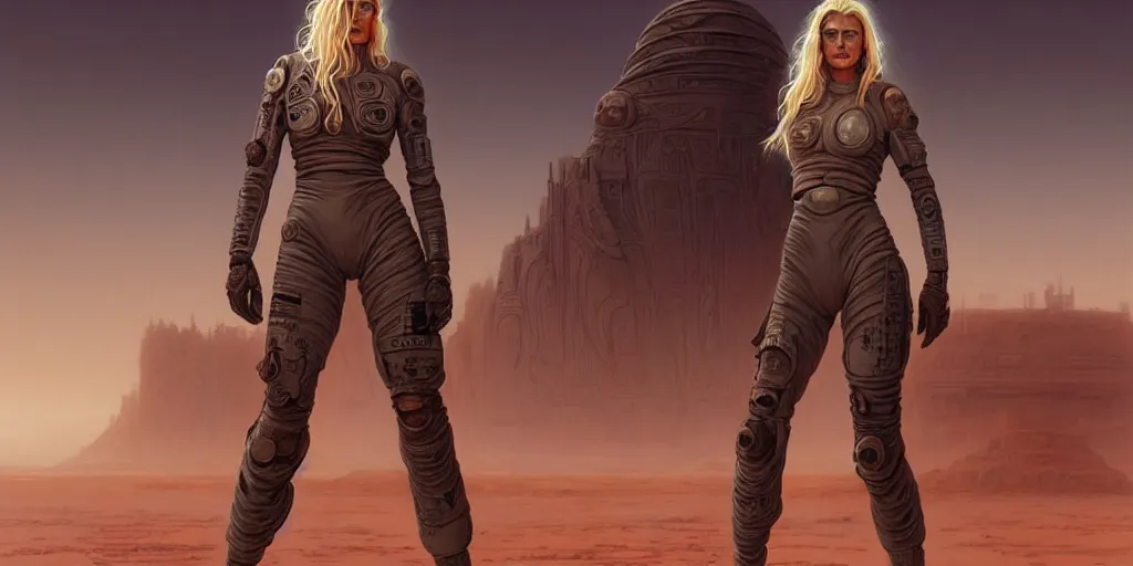 Prompt: tattooed stoic blonde butch emotionless woman engineer, wearing dirty ripped distressed flight suit, primitive desert planet with red dust storms, gigantic ancient alien temple in background, highly detailed, digital painting, artstation, concept art, matte, sharp focus, illustration, art by artgerm and greg rutkowski and alphonse mucha