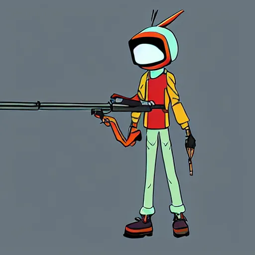 Image similar to canti from flcl anime holding a valorant style sniper rifle. character design. digital art. masterpiece.