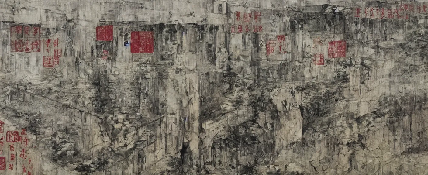 Image similar to a chinese prison near a river by peter doig, muted colors, overlaid with chinese adverts