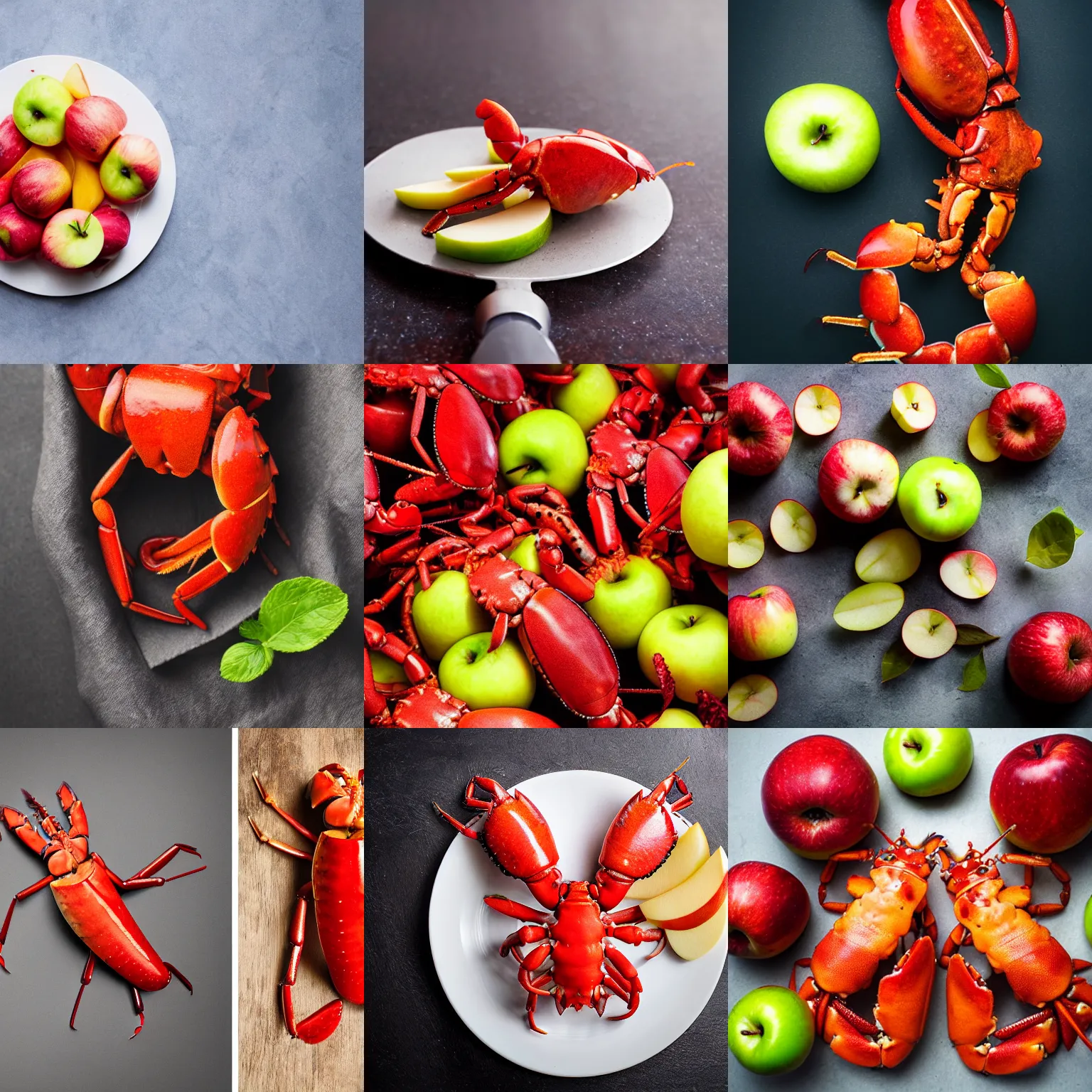 Prompt: apple-lobster, fruit photography