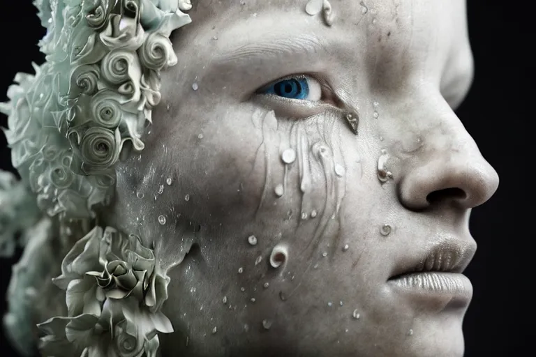 Image similar to a sculpture of a person with flowing tears, fractal flowers on the skin, intricate, a marble sculpture by nicola samori, behance, neo - expressionism, marble sculpture, apocalypse art, made of mist, still frame from the prometheus movie by ridley scott with cinematogrophy of christopher doyle, arri alexa, anamorphic bokeh, 8 k