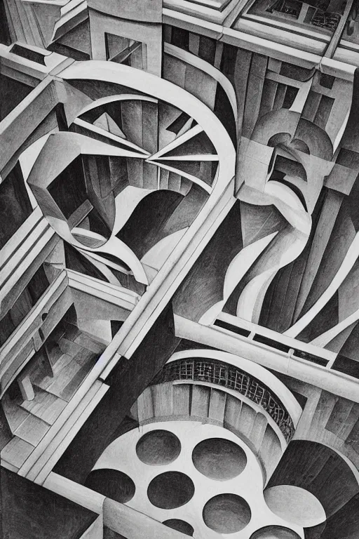 Prompt: A beautiful painting of Multistorey architectures around a hollow patio, seen from above by MC Escher.