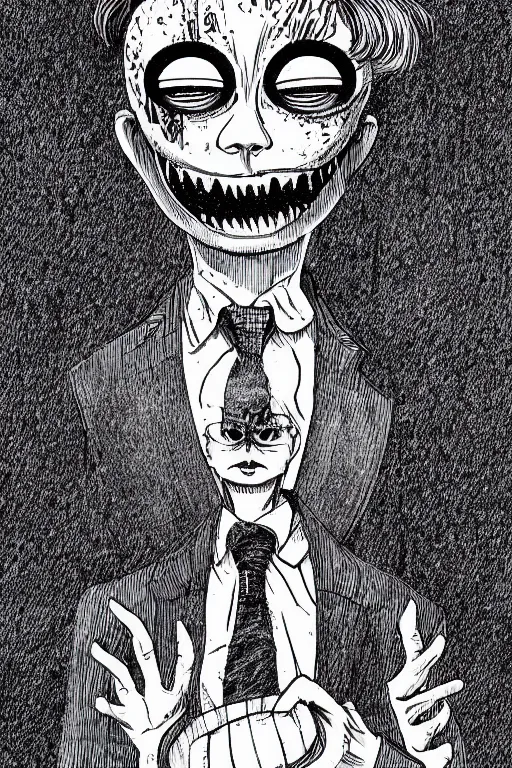 Prompt: junji ito illustration of an orange-headed businessman, creepy face, cyberpunk city