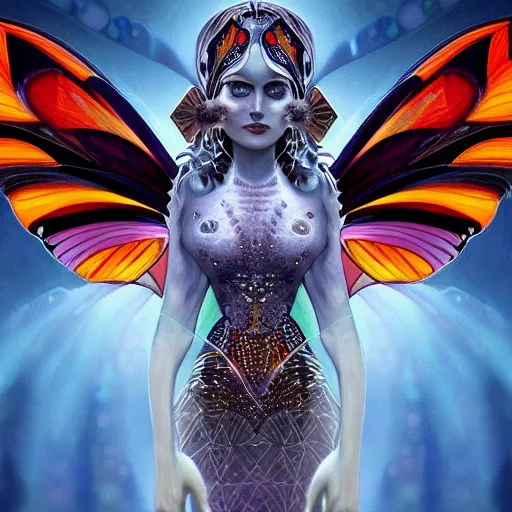 Image similar to realistic illustration of a beautiful art deco faerie queen with glowing eyes, moth wings with geometric patterns, reflective detailed textures, highly detailed dark fantasy science fiction painting, silver and cool colors, artstation