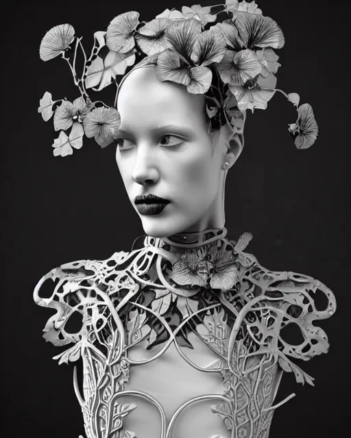 Prompt: monochrome 3 d model, 1 9 3 0 picture, floral steampunk biomechanical beautiful young female cyborg with porcelain profile face and a techno eye, volumetric light, leaves foliage and stems, hibiscus flowers, boho vines, sinuous fine roots, fine foliage lace, alexander mcqueen, rim light, big gothic fashion pearl embroidered collar, octane render, 8 k