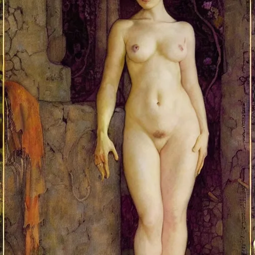 Image similar to masterpiece full body portrait of a beautiful woman with a perfect body wearing silk slip in a dungeon setting, by Edgar Maxence and Ross Tran and Michael Whelan and Gustav Klimpt