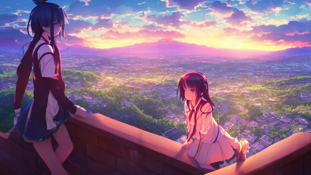 Image similar to a schoolgirl was looking at the city in the distance on the hillside, beautiful and spectacular dusk, sky was half illuminated by the setting sun and half was the beautiful milky way, rich vivid colors, ambient lighting, dynamic lighting, official media, anime key visual, rossdraws, detailed, trending on artstation.