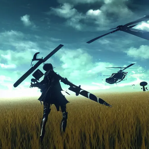 Prompt: a high resolution very detailed image of 9 s downing a helicopter in boss fight from nier : automata in yellow rye field under pure blue skies