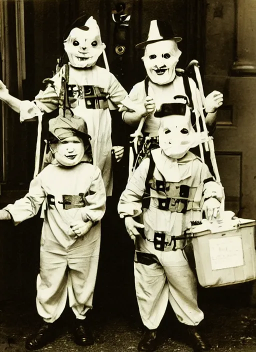 Prompt: photograph from 1903 of Halloween trick or treaters wearing Ghostbusters costumes, highly detailed, vintage film