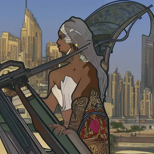 Image similar to gta : dubai, by alphonse mucha