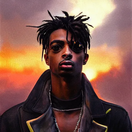 Prompt: cyberpunk, closeup portrait of a playboi carti, dramatic light, city background, sunset, dystopian setting, high contrast, sharp, neuromancer, henry dorsett case, painted by stanley lau, painted by greg rutkowski, painted by stanley artgerm, digital art, trending on artstation