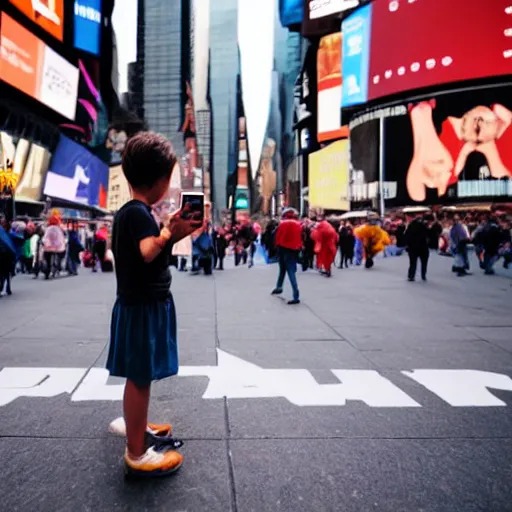 Image similar to a child being surrounded by giant smartphones on the busiest time square ever, photography, hyperrealism, cinematic, bokeh